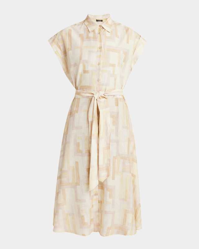 Abstract-Print Cap-Sleeve Belted Silk Midi Shirtdress